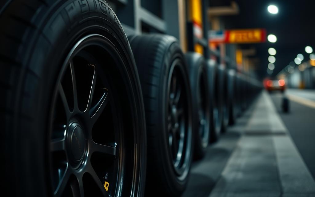 Control racing tyres on black alloy wheels in the pit lane