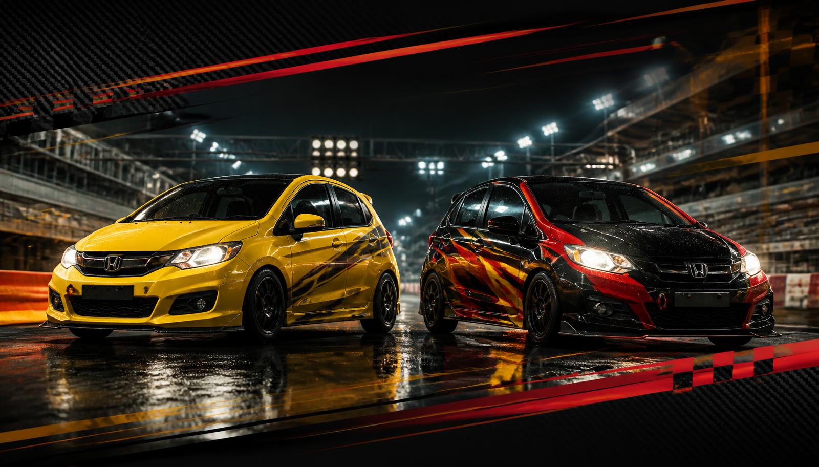 Brio Cup race cars on the grid under floodlights