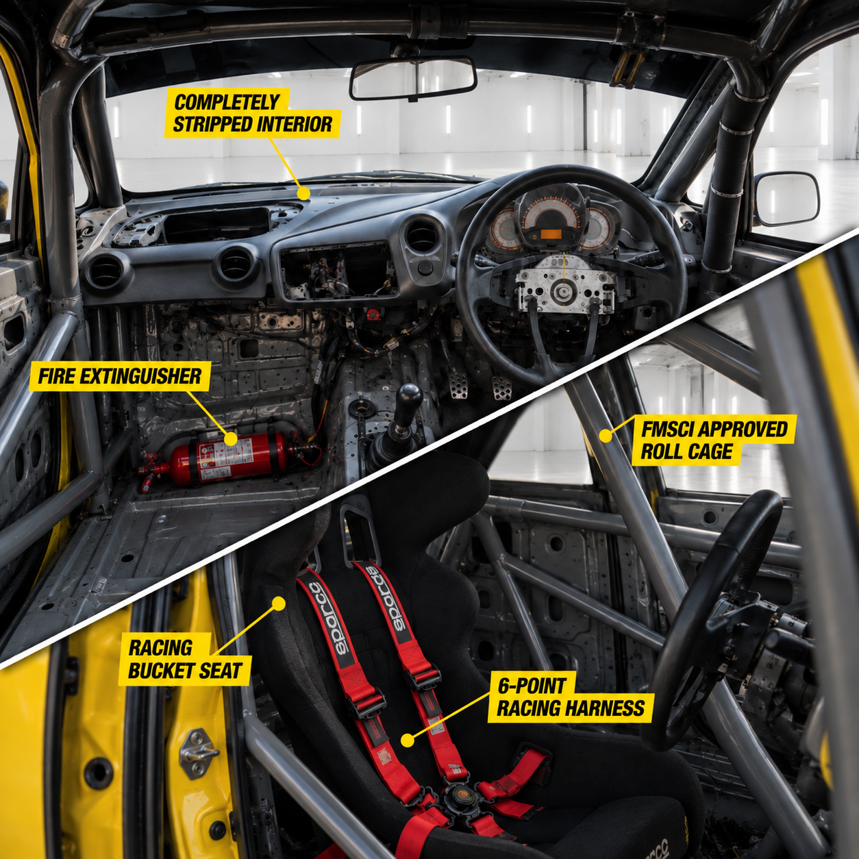 Inside the Brio Cup race car showing its roll cage, racing seat, harness and fire extinguisher