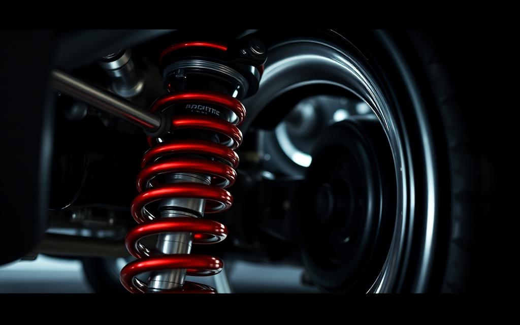Race coilover damper and spring behind a wheel
