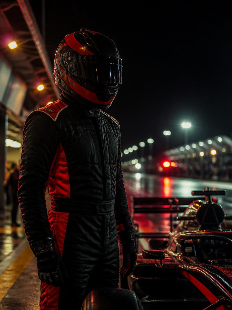 Racing driver in helmet and race suit beside a race car at night