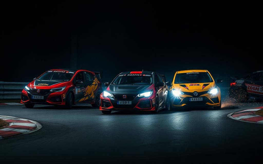 Three race cars battling wheel-to-wheel into a corner