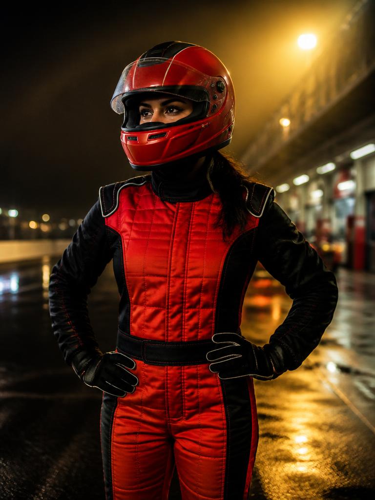 Female racing driver in helmet and race suit in the pit lane