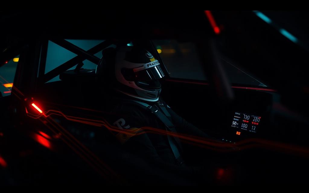 Racing driver at the wheel with telemetry data glowing in the cockpit