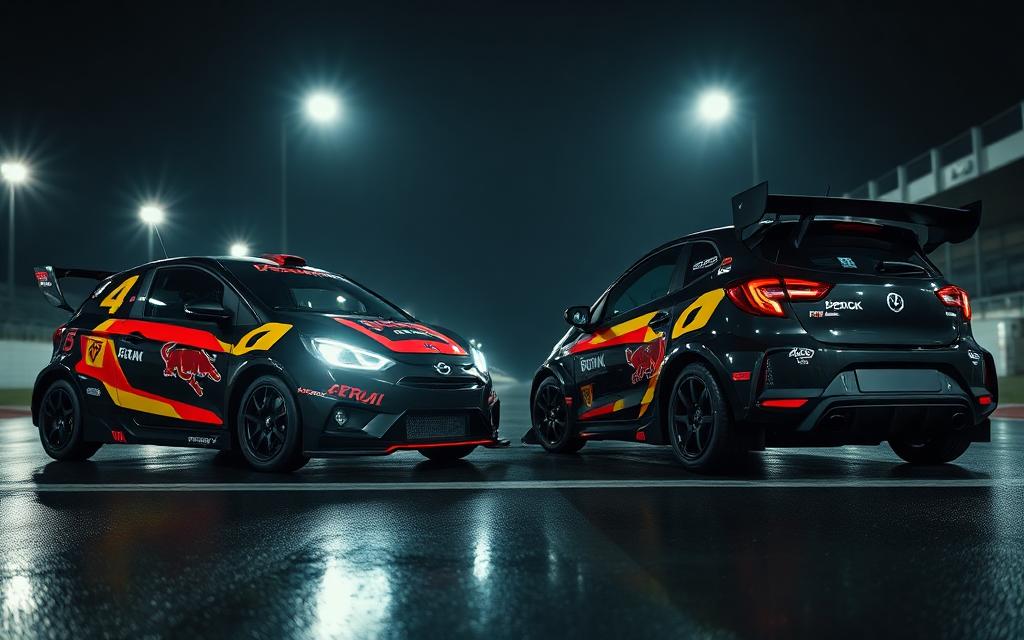 Two identically prepared race cars side by side on a floodlit starting grid