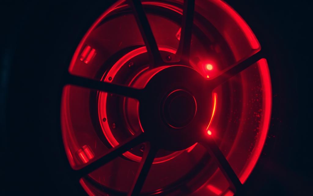 Glowing brake disc behind an alloy racing wheel