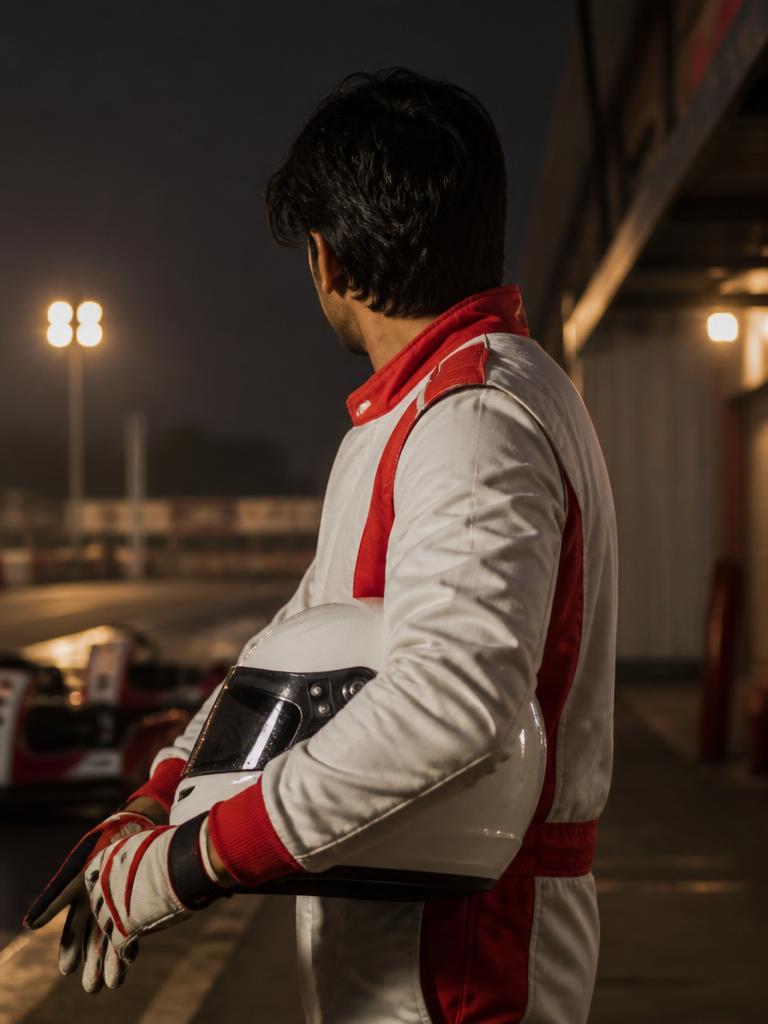 Amateur racing driver in the paddock holding a helmet, facing away