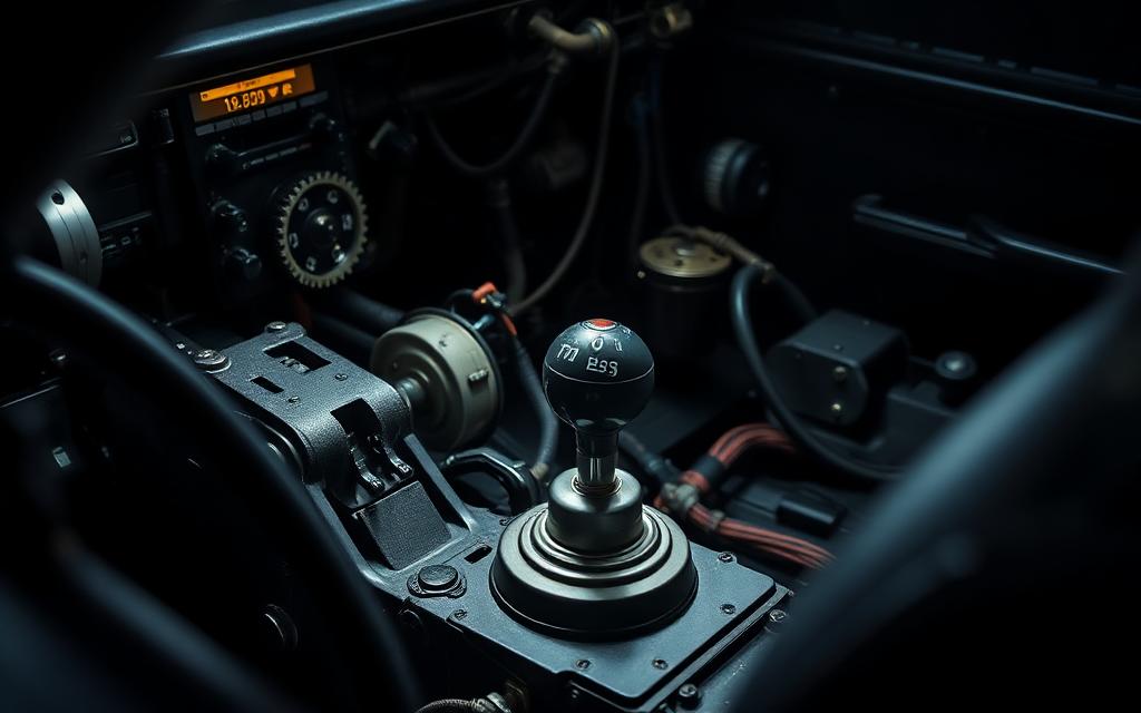 Race car gear lever and gearbox detail