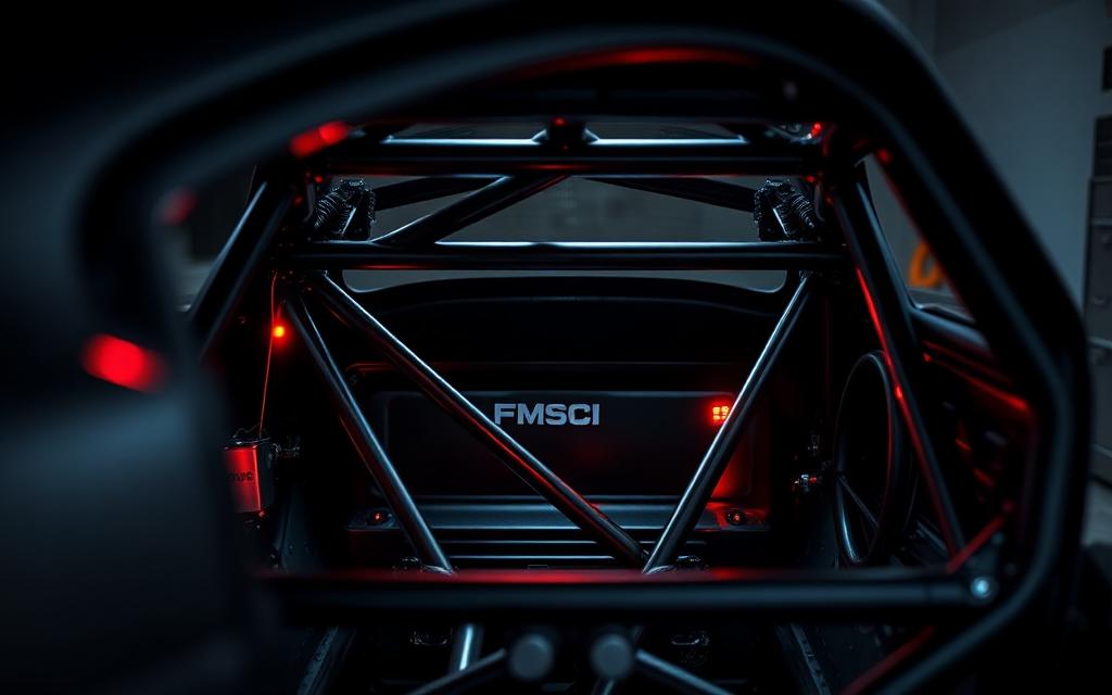 FMSCI-compliant welded roll cage inside a stripped race car
