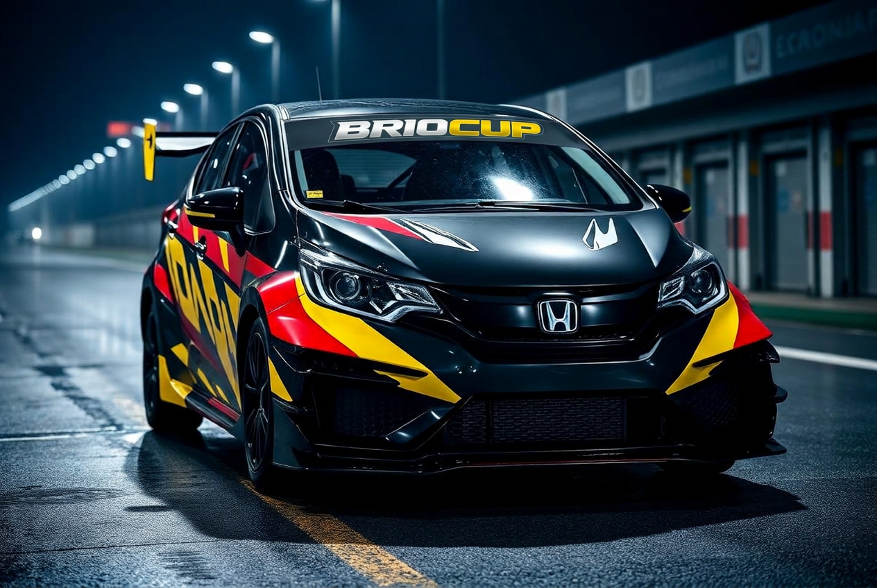 Honda Brio race car number 27 in the pit lane at night