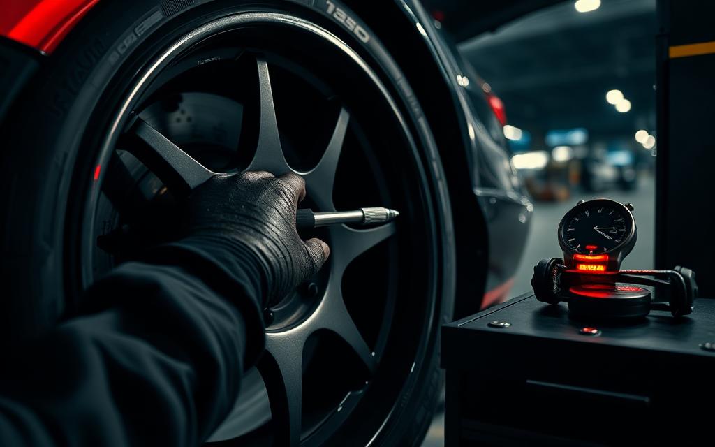 Mechanic working on a race car wheel in the pit lane