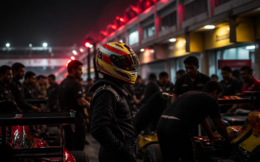 Helmeted driver standing among mechanics and race cars in a busy Indian paddock