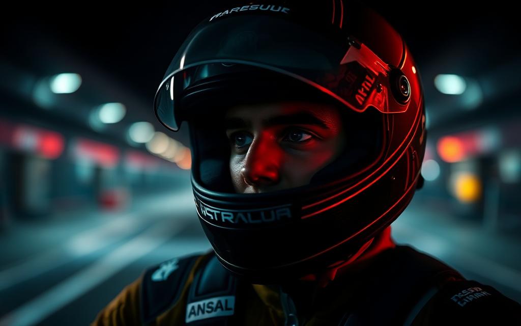 Helmeted driver looking down a floodlit pit straight at night