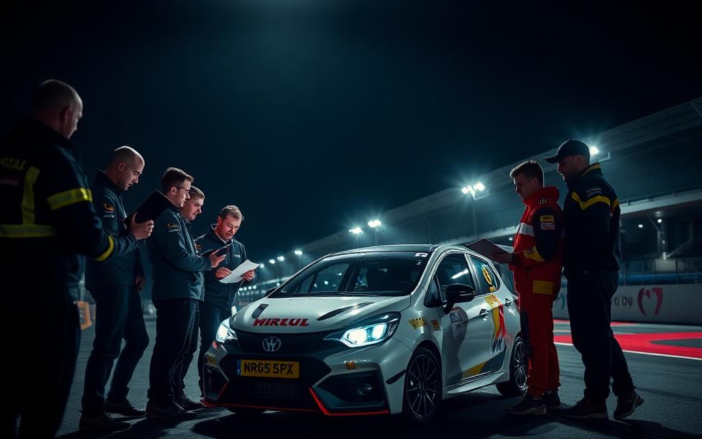 Race officials and scrutineers inspecting a challenge race car under floodlights